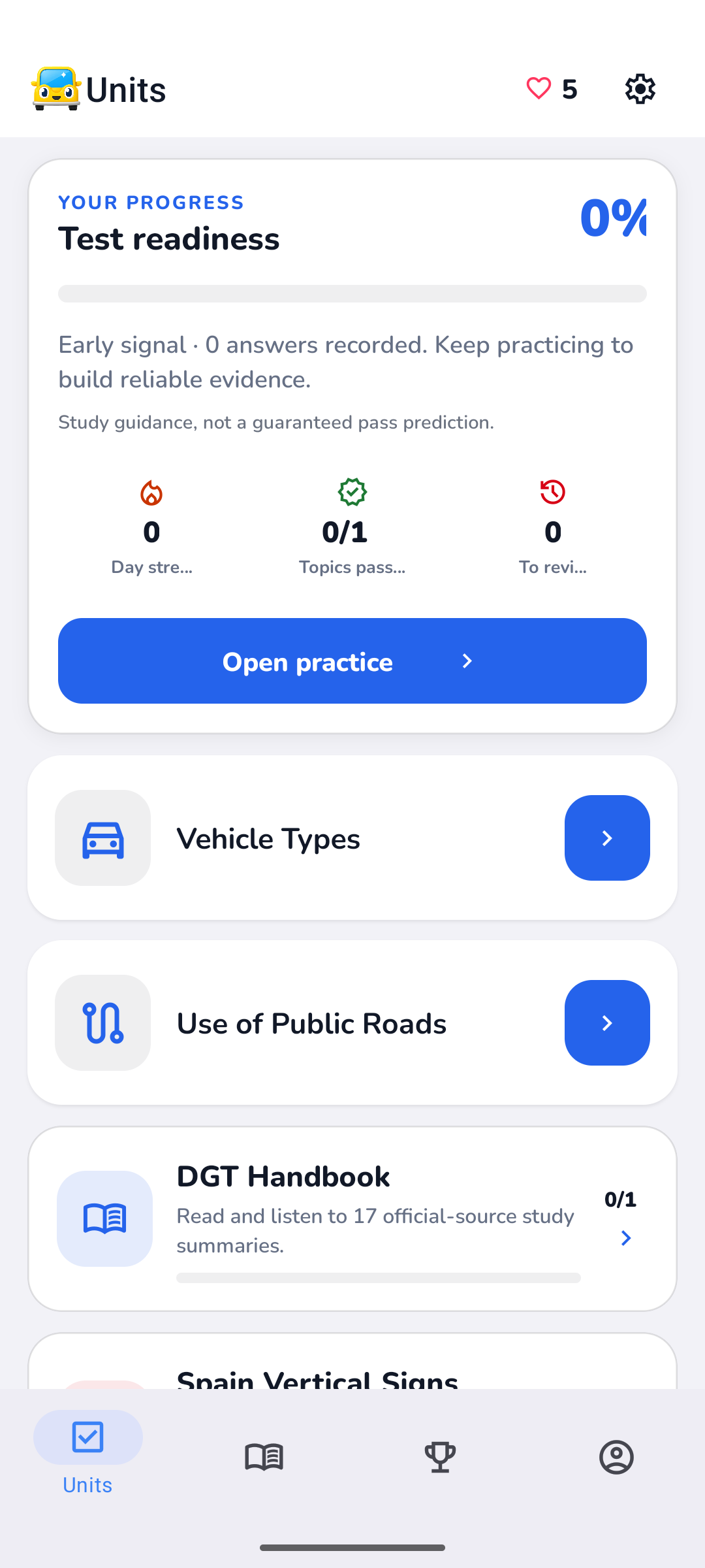 Beep DGT showing the free diagnostic and focused study units